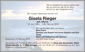 Traueranzeige von Gisela Rieger von Memminger Zeitung