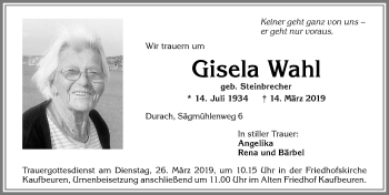 Traueranzeige von Gisela Wahl von Allgäuer Zeitung, Kaufbeuren/Buchloe