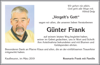 Traueranzeige von Günter Frank von Allgäuer Zeitung, Kaufbeuren/Buchloe