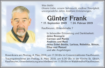 Traueranzeige von Günter Frank von Allgäuer Zeitung, Kaufbeuren/Buchloe