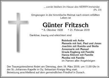 Traueranzeige von Günter Fritzsch von Allgäuer Zeitung,Kempten