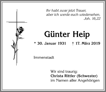 Traueranzeige von Günter Heip von Allgäuer Zeitung,Kempten