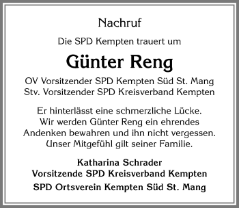 Traueranzeige von Günter Reng von Allgäuer Zeitung,Kempten
