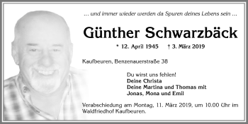 Traueranzeige von Günther Schwarzbäck von Allgäuer Zeitung, Kaufbeuren/Buchloe