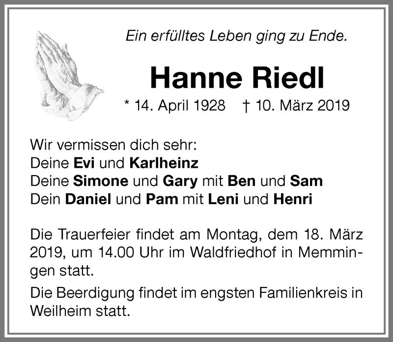  Traueranzeige für Hanne Riedl vom 14.03.2019 aus Memminger Zeitung