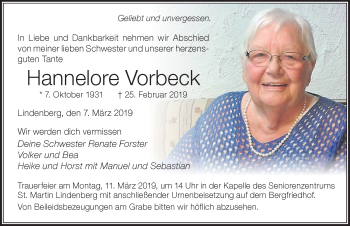 Traueranzeige von Hannelore Vorbeck von Der Westallgäuer