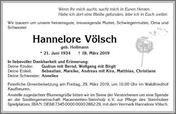 Traueranzeige von Hannelore Völsch von Allgäuer Zeitung, Kaufbeuren/Buchloe