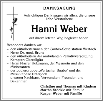 Traueranzeige von Hanni Weber von Allgäuer Anzeigeblatt
