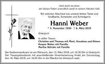 Traueranzeige von Hanni Weber von Allgäuer Anzeigeblatt