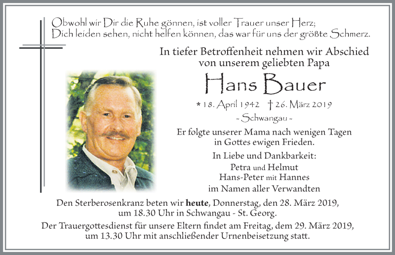  Traueranzeige für Hans Bauer vom 28.03.2019 aus Allgäuer Zeitung, Füssen