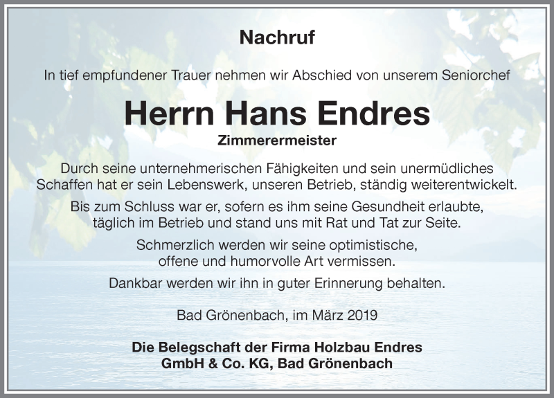  Traueranzeige für Hans Endres vom 05.03.2019 aus Allgäuer Zeitung