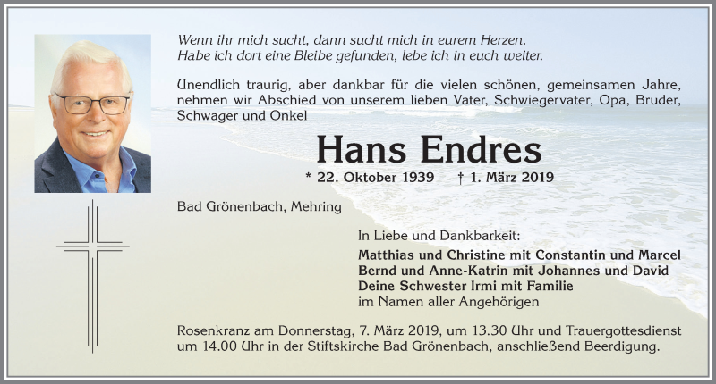  Traueranzeige für Hans Endres vom 05.03.2019 aus Allgäuer Zeitung