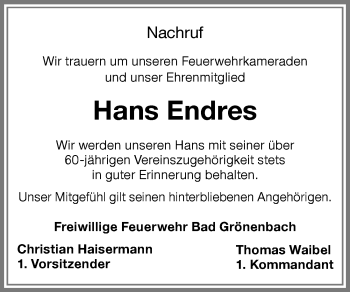 Traueranzeige von Hans Endres von Memminger Zeitung