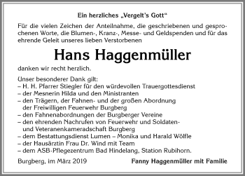 Traueranzeige von Hans Haggenmüller von Allgäuer Anzeigeblatt