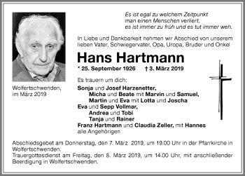 Traueranzeige von Hans Hartmann von Memminger Zeitung