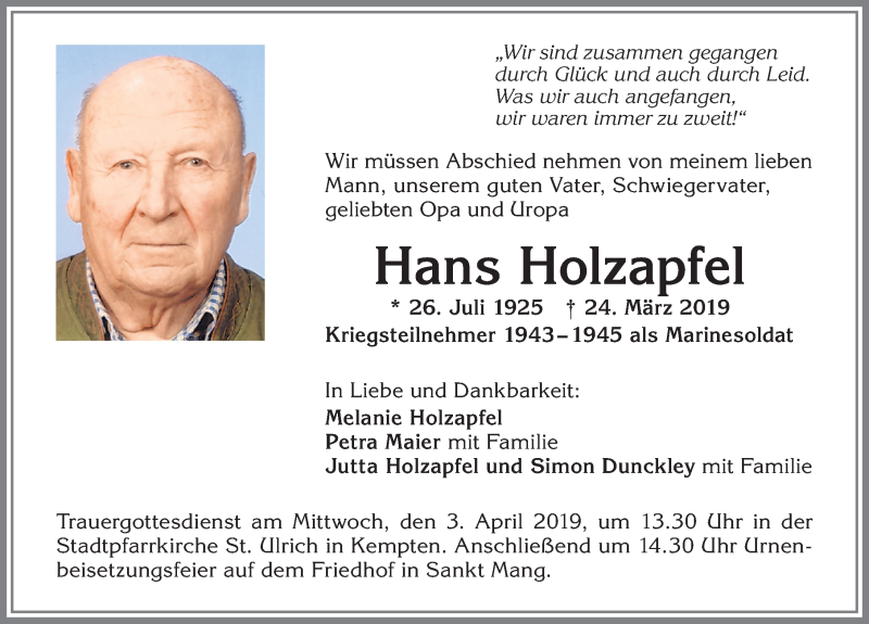  Traueranzeige für Hans Holzapfel vom 30.03.2019 aus Allgäuer Zeitung,Kempten
