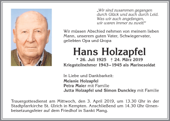 Traueranzeige von Hans Holzapfel von Allgäuer Zeitung,Kempten