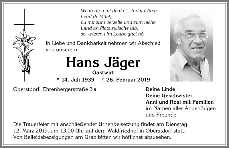  Traueranzeige für Hans Jäger vom 09.03.2019 aus Allgäuer Anzeigeblatt