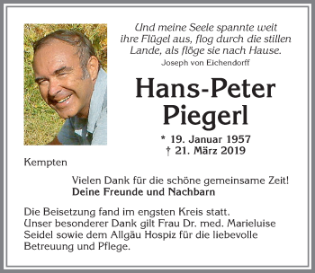 Traueranzeige von Hans-Peter Piegerl von Allgäuer Zeitung,Kempten