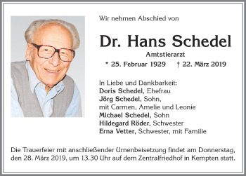 Traueranzeige von Hans Schedel von Allgäuer Zeitung