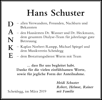 Traueranzeige von Hans Schuster von Der Westallgäuer