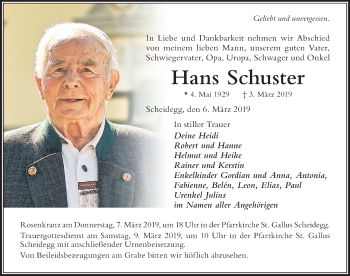 Traueranzeige von Hans Schuster von Der Westallgäuer
