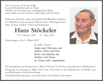 Traueranzeige von Hans Stöckeler von Der Westallgäuer