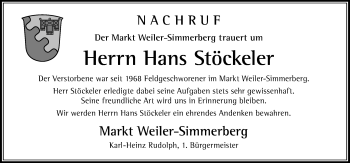 Traueranzeige von Hans Stöckeler von Der Westallgäuer