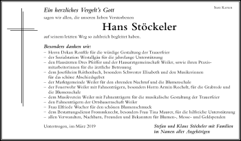 Traueranzeige von Hans Stöckeler von Der Westallgäuer