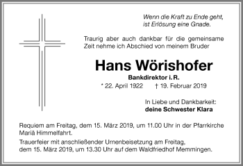 Traueranzeige von Hans Wörishofer von Memminger Zeitung