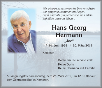 Traueranzeige von Hans Georg Hermann von Allgäuer Zeitung,Kempten