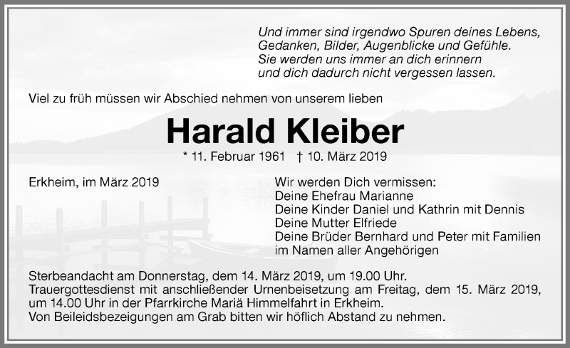  Traueranzeige für Harald Kleiber vom 13.03.2019 aus Memminger Zeitung