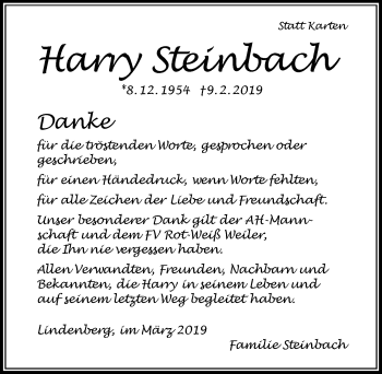 Traueranzeige von Harry Steinbach von Der Westallgäuer
