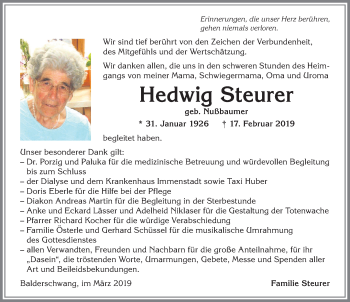 Traueranzeige von Hedwig Steurer von Allgäuer Anzeigeblatt