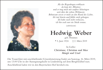 Traueranzeige von Hedwig Weber von Der Westallgäuer