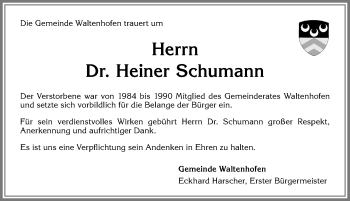 Traueranzeige von Heiner Schumann von Allgäuer Anzeigeblatt