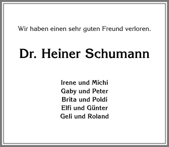 Traueranzeige von Heiner Schumann von Allgäuer Anzeigeblatt