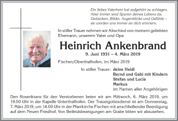 Traueranzeige von Heinrich Ankenbrand von Allgäuer Anzeigeblatt