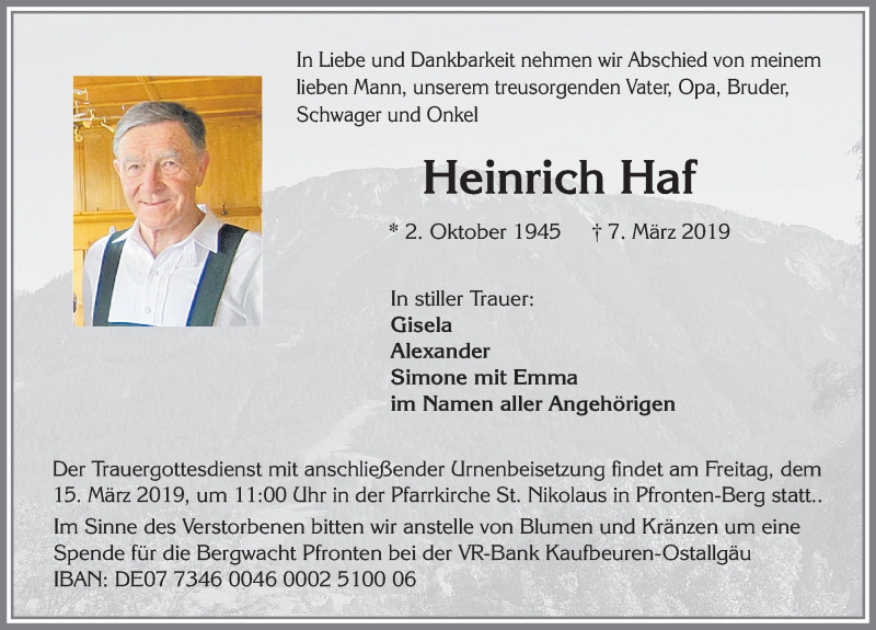  Traueranzeige für Heinrich Haf vom 12.03.2019 aus Allgäuer Zeitung, Füssen