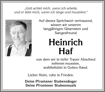 Traueranzeige von Heinrich Haf von Allgäuer Zeitung, Füssen