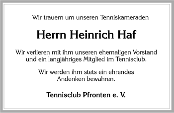 Traueranzeige von Heinrich Haf von Allgäuer Zeitung, Füssen