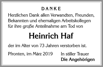 Traueranzeige von Heinrich Haf von Allgäuer Zeitung, Füssen