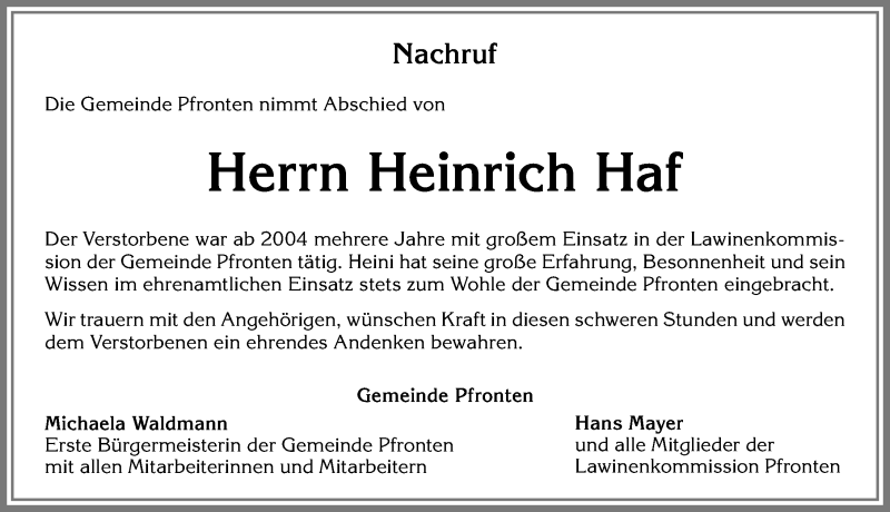  Traueranzeige für Heinrich Haf vom 13.03.2019 aus Allgäuer Zeitung, Füssen