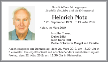 Traueranzeige von Heinrich Notz von Allgäuer Zeitung,Kempten