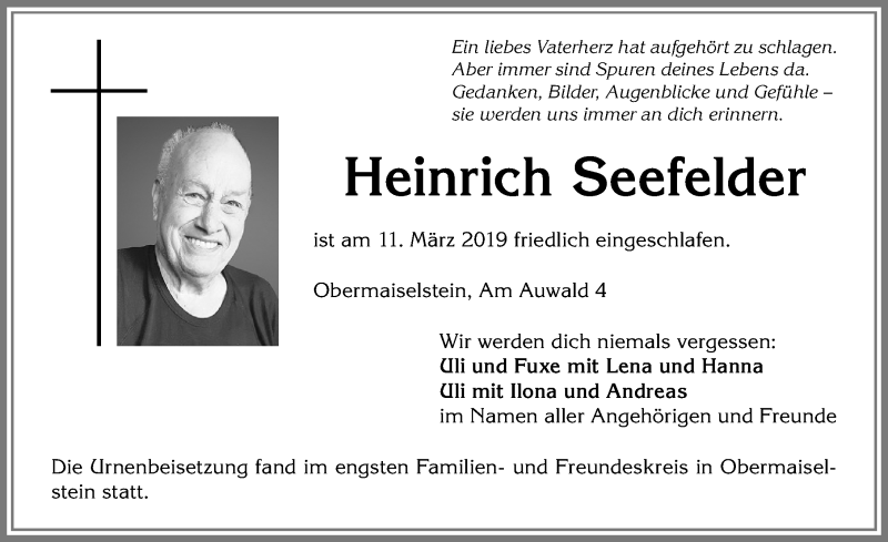  Traueranzeige für Heinrich Seefelder vom 30.03.2019 aus Allgäuer Anzeigeblatt