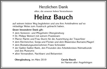 Traueranzeige von Heinz Bauch von Allgäuer Zeitung, Marktoberdorf