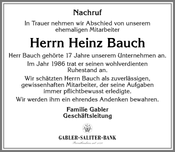 Traueranzeige von Heinz Bauch von Allgäuer Zeitung, Marktoberdorf