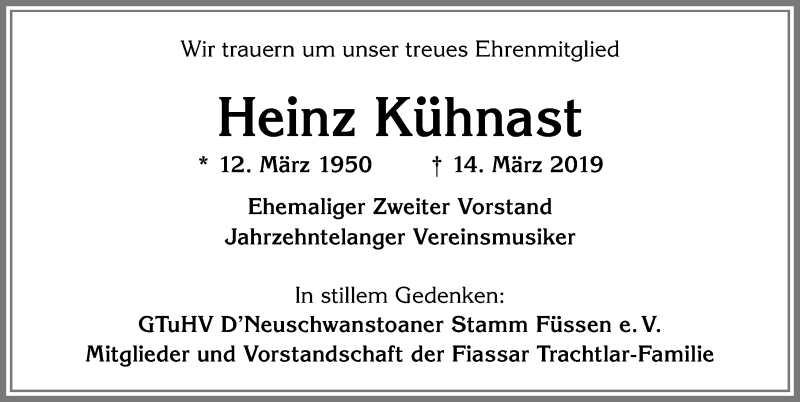  Traueranzeige für Heinz Kühnast vom 19.03.2019 aus Allgäuer Zeitung, Füssen