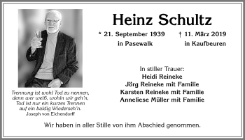 Traueranzeige von Heinz Schultz von Allgäuer Zeitung, Kaufbeuren/Buchloe