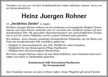 Traueranzeige von Heinz Juergen Rohner von Allgäuer Zeitung, Kaufbeuren/Buchloe